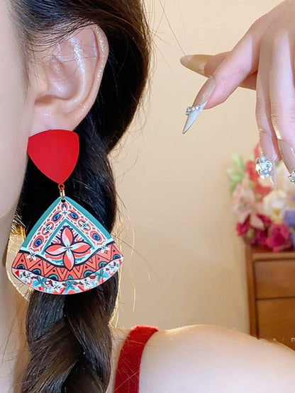 Earwish - Triangle Print Dangle Earrings with Retro Boho Style