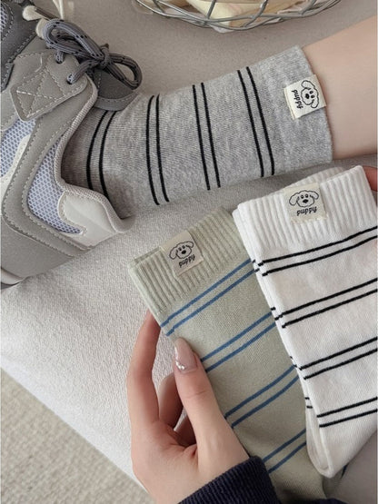 Rufia - Striped Puppy Mid-calf Socks - Cute &amp; Stylish