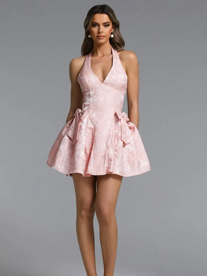 Lila Halter Jacquard Bow Flare Mini Dress In Pink