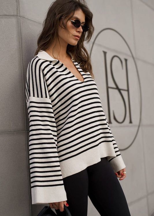Striped V Neck Knit Sweater With Wide Sleeves