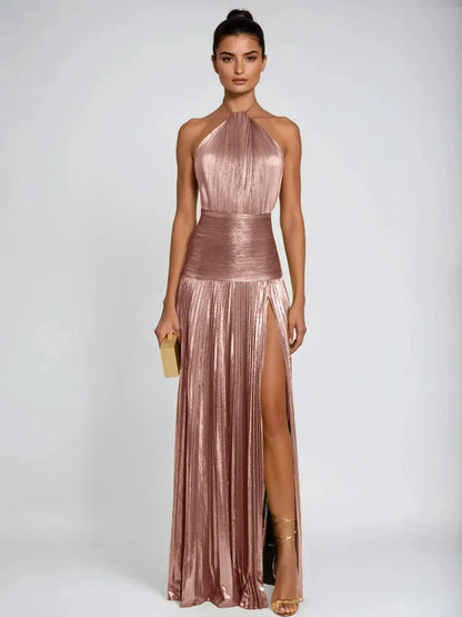 Amara Pleated Halter Maxi Dress with High Slit