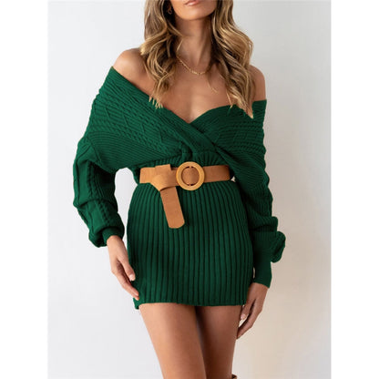Original Wrap Long Sleeves Jacquard Solid Color Deep V-Neck Sweater Dresses