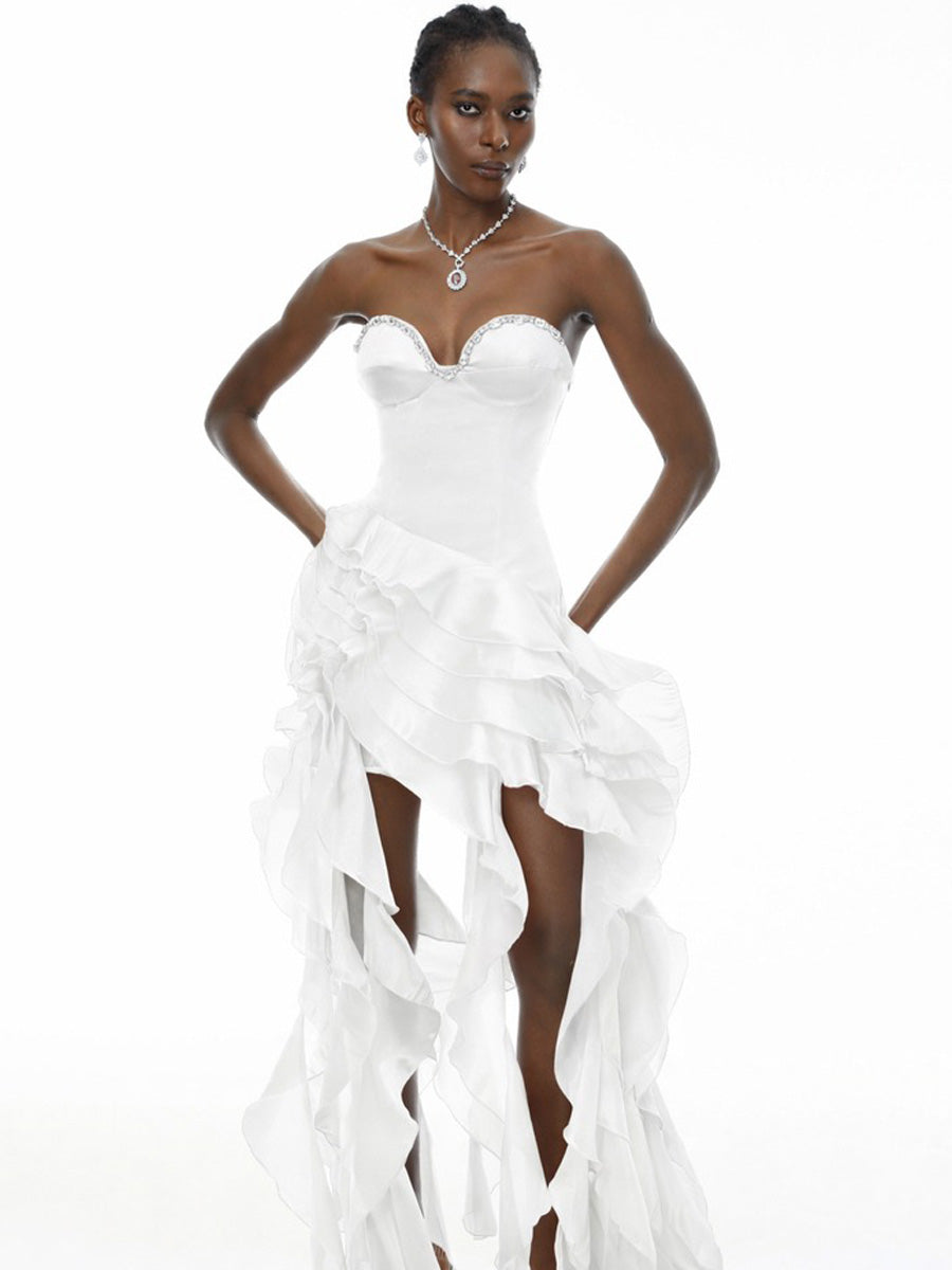 Keira White Strapless Ruffled Maxi Dress
