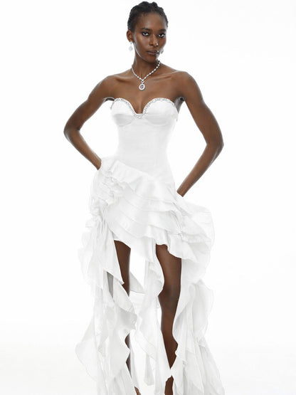 Keira White Strapless Ruffled Maxi Dress