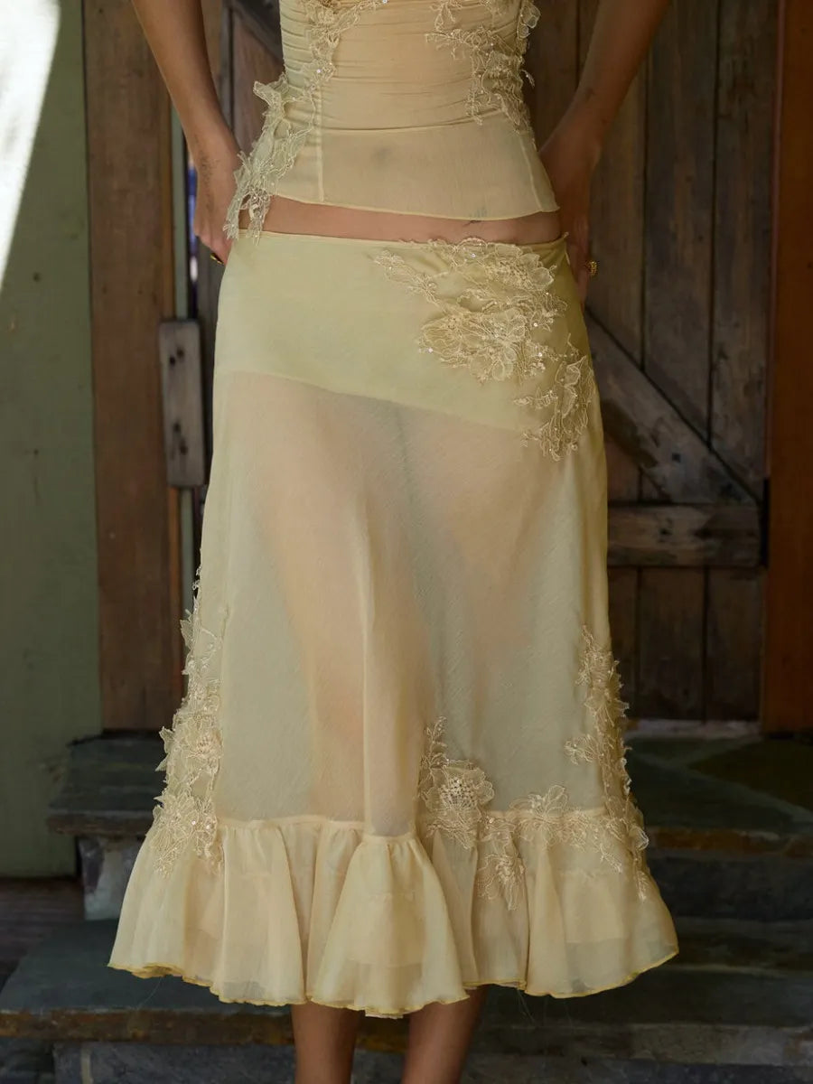 Rosalie Lace Appliqué Mesh Two Piece Midi Set in Yellow