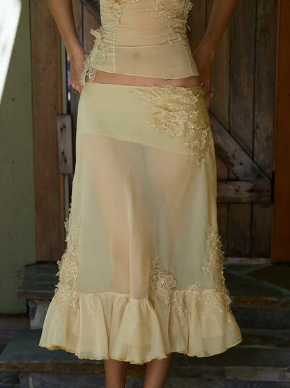 Rosalie Lace Appliqué Mesh Two Piece Midi Set in Yellow