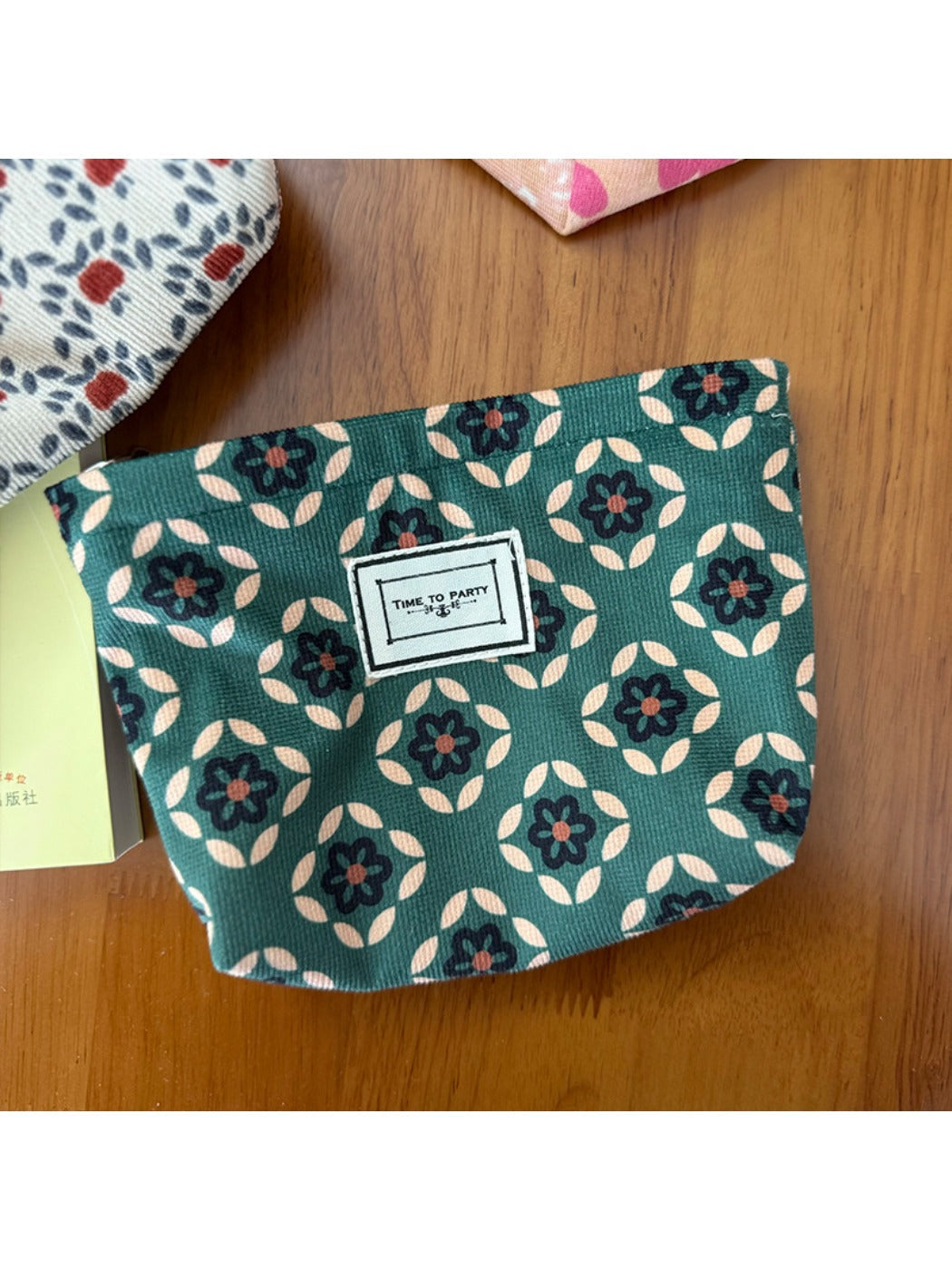 Cosbai - Corduroy Travel Cosmetic Pouch with Floral Patterns