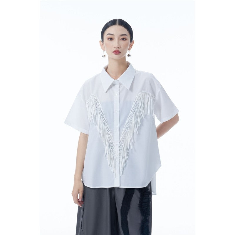 Fringe Spliced Short Sleeve Shirt Loose Retro Design