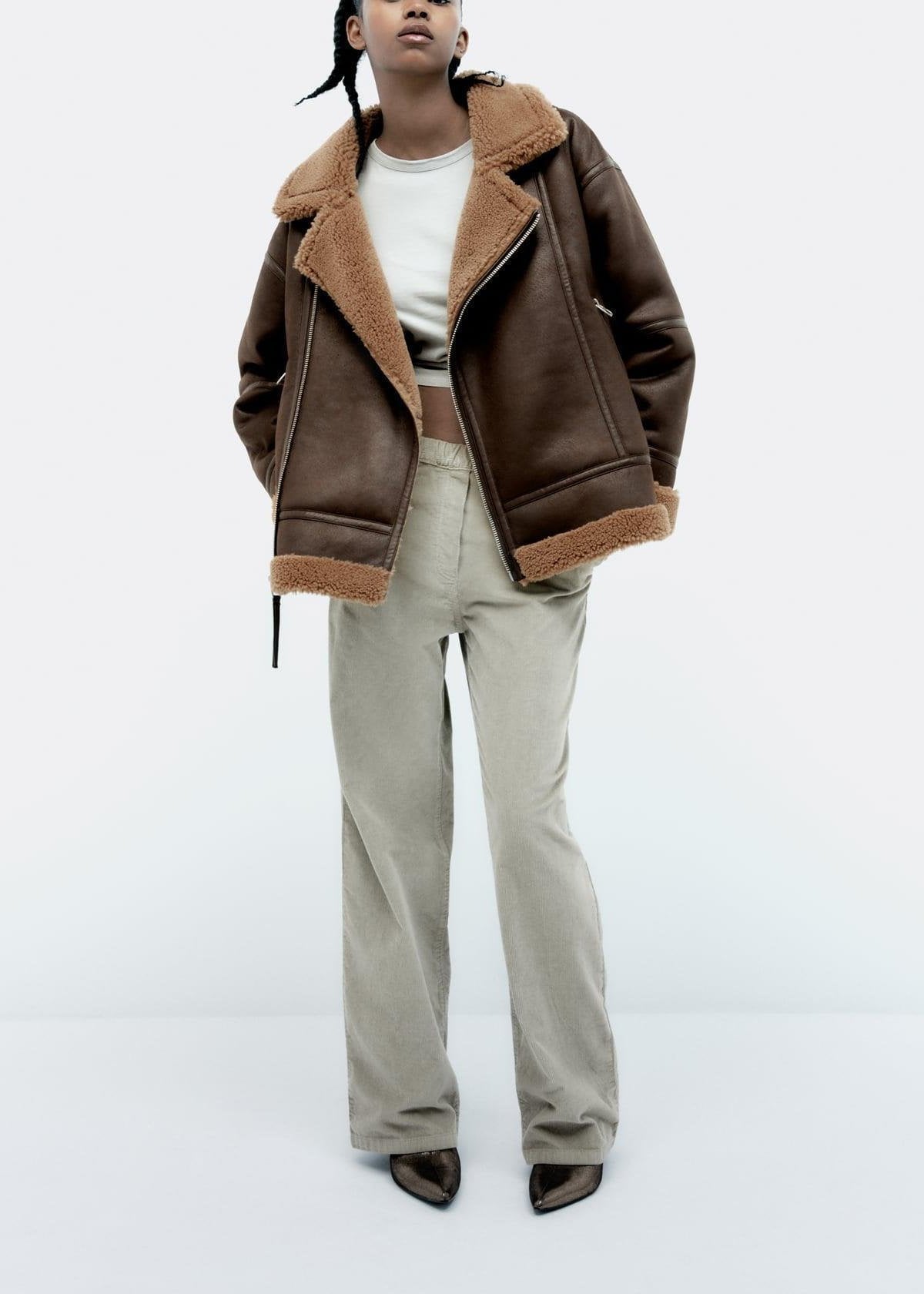 Lamb Fur Trimmed Faux Leather Aviator Jacket