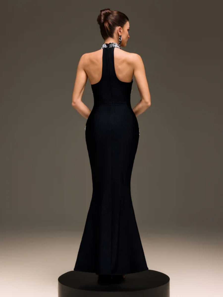 Chloe Halter Crystal-Embellished Mesh Mermaid Gown