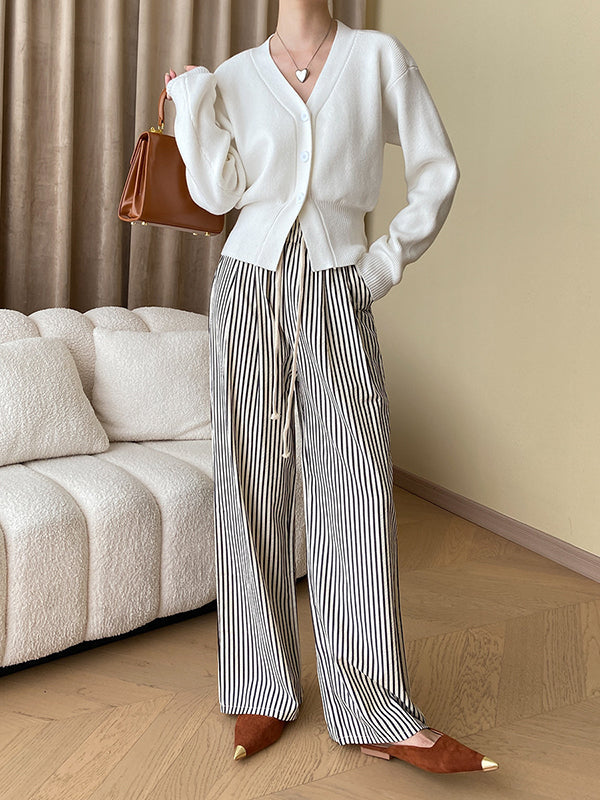 High Waisted Wide Leg Contrast Color Elasticity Split-Joint Striped Pants Trousers