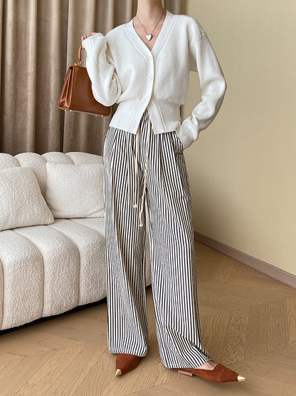 High Waisted Wide Leg Contrast Color Elasticity Split-Joint Striped Pants Trousers