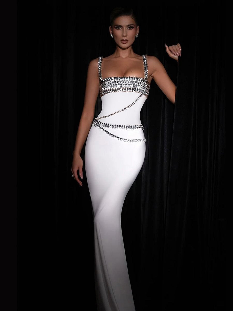 Alma Strappy Rhinestone Mermaid Maxi Dress