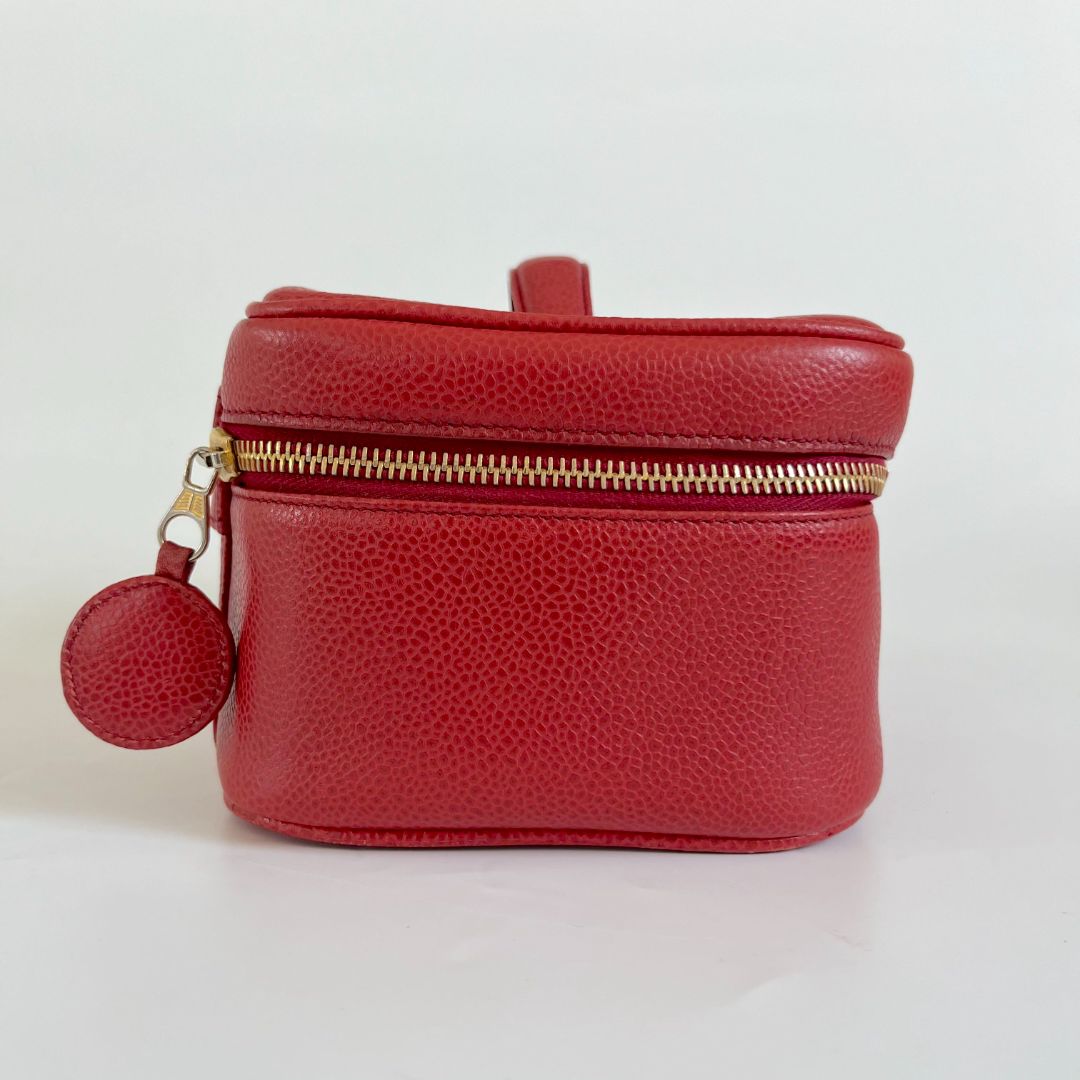 Chanel Red Caviar Leather Vanity Vintage Top Handle Bag