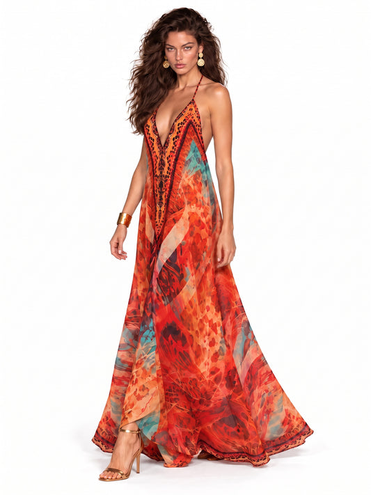 Paisley Printed Cowl Neck Halter Maxi Dress