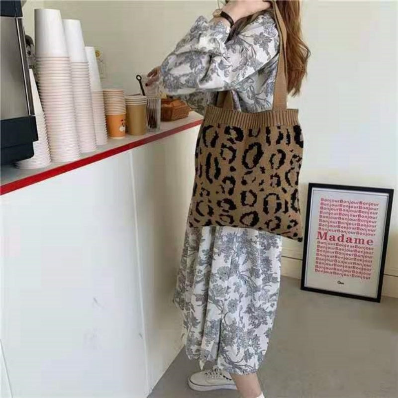 Crochet Tote Bag Leopard Print Knit Bag