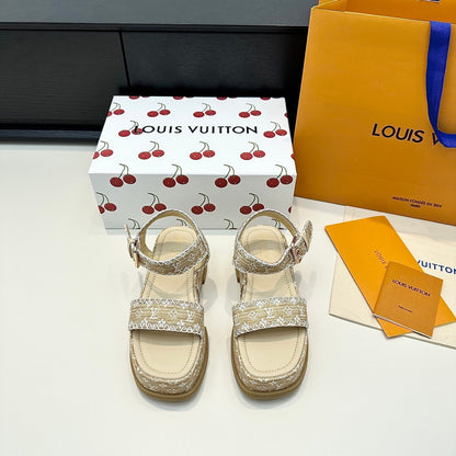 LV Maya Platform Sandals 6cm Beige Cowhide Denim 572498