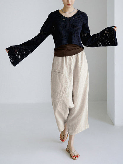 Loose Ninth Pants Elasticity Solid Color Casual Pants Bottoms