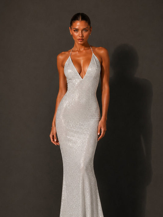 Penelope Rhinestone Sexy V-Neck Backless Maxi Dress