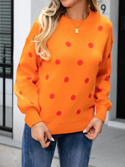 Long Sleeves Loose Polka-Dot Knitwear Pullovers Sweater Tops