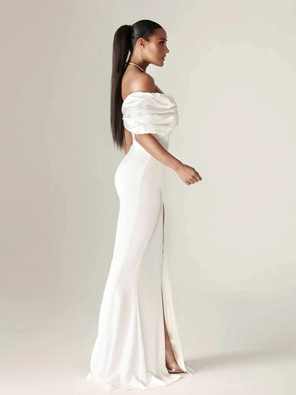 Nevaeh Crepe Ruffle Shoulder Maxi Dress
