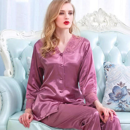 Spring And Summer Long Sleeve Suit Imitation Silk Thin Sexy Lace Large Women'S Home Wear Pajamas