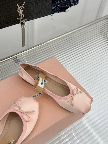Miu Classic Bow Letter Ballet Light Pink Satin