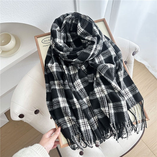 Color Block Plaid Fringe Scarf