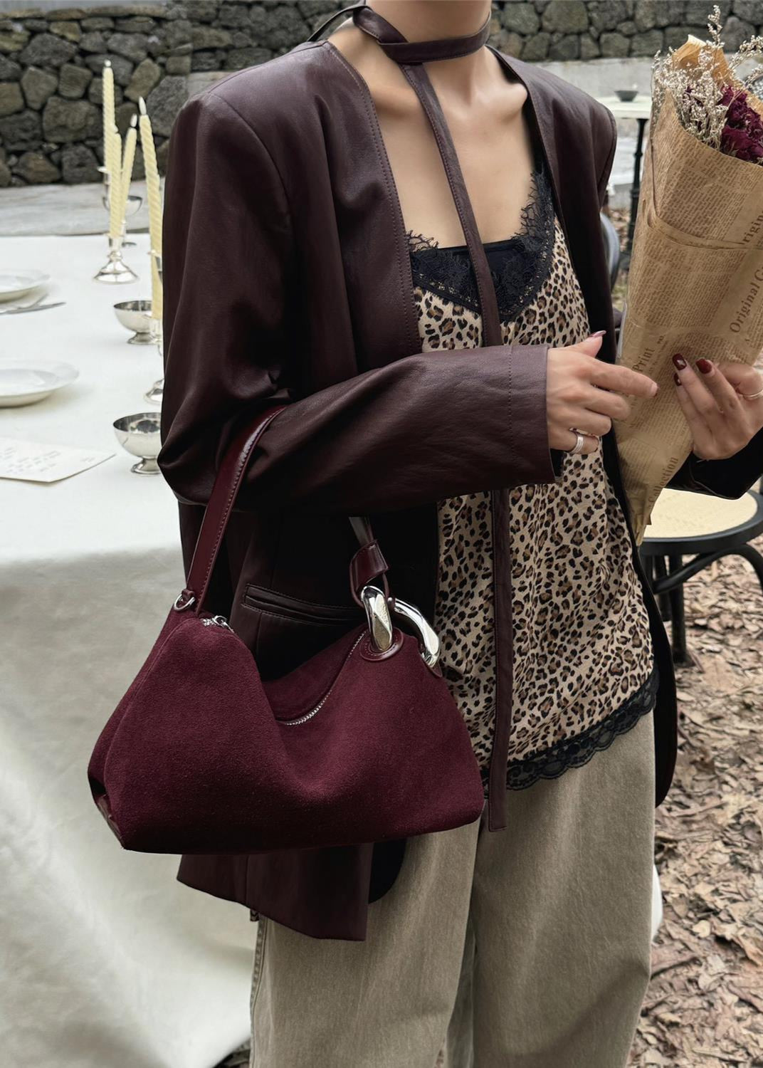 Suede Shoulder and Crossbody Bag With Leather Straps