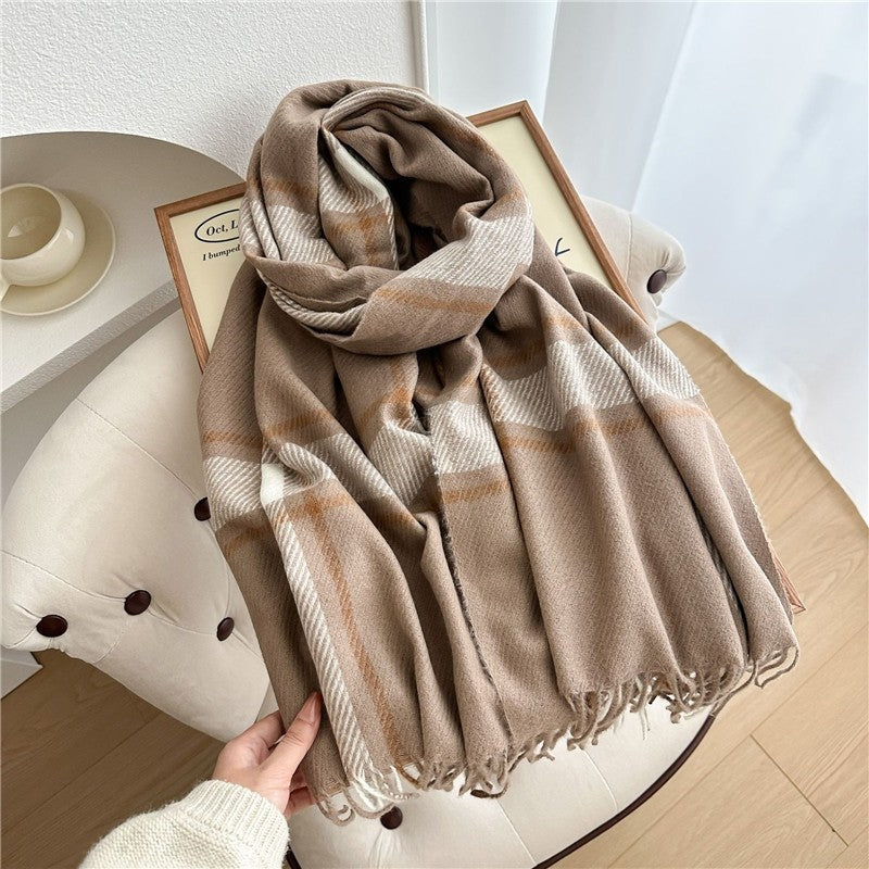 Color Block Plaid Fringe Scarf