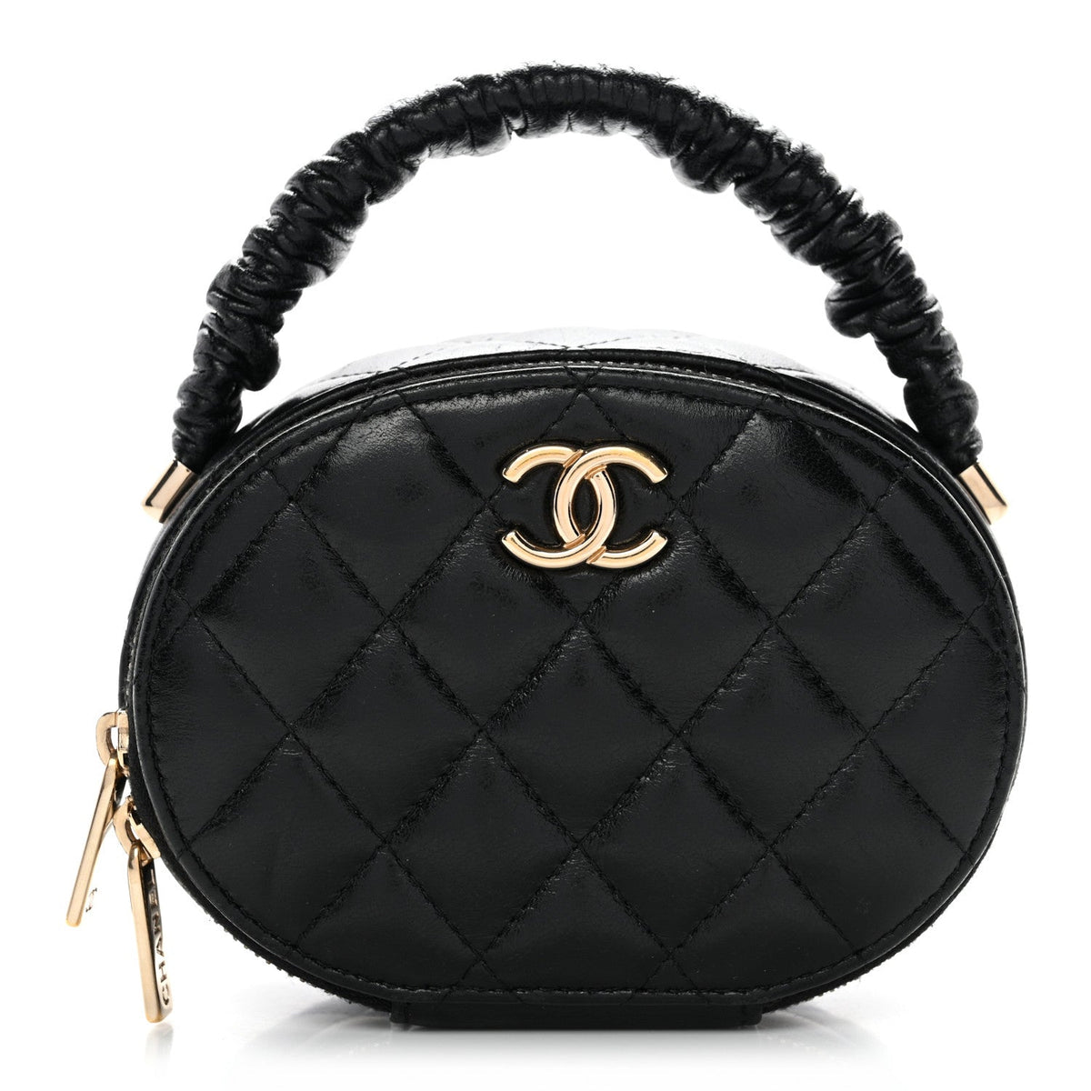 Lambskin Quilted Ruched Top Handle Vanity Case Black