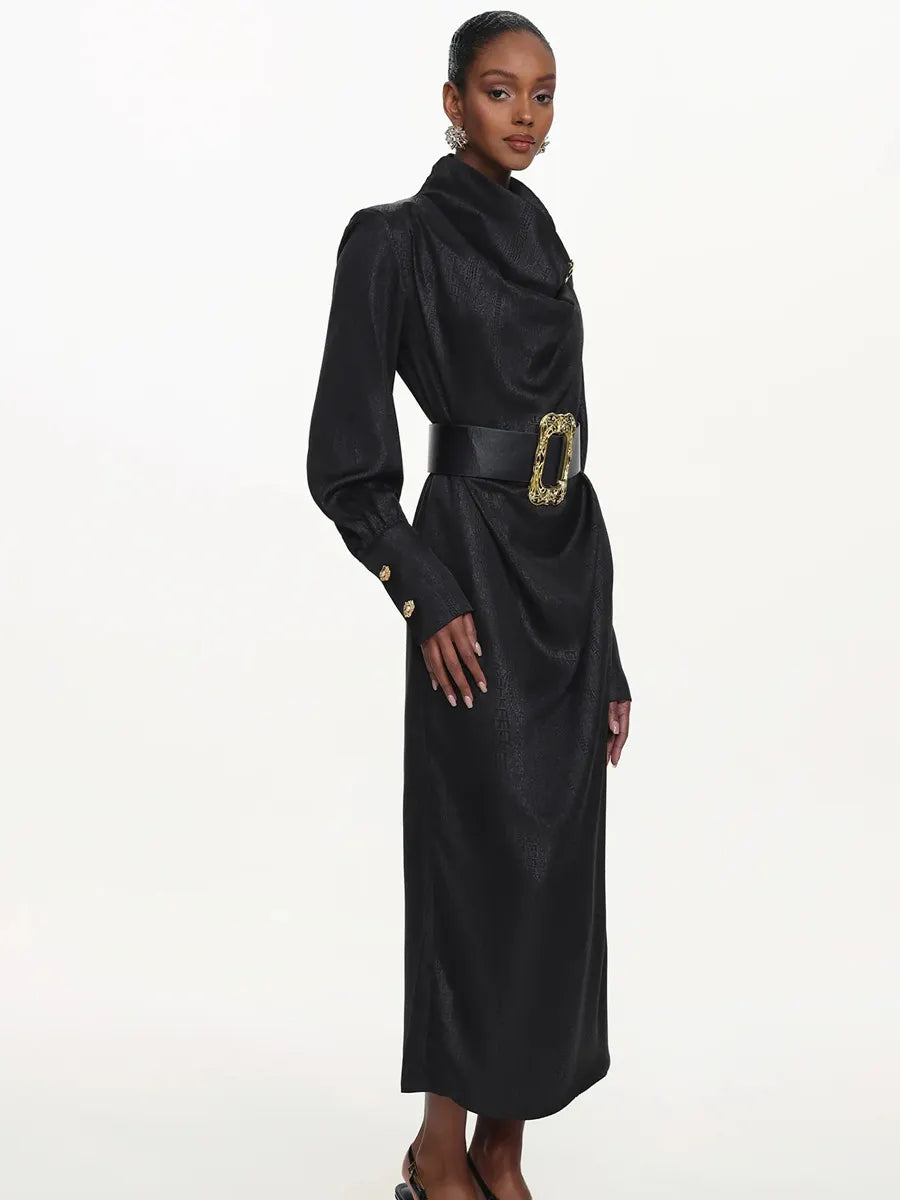 Azariah Cowl Neck Long Sleeve Belted Maxi Dress