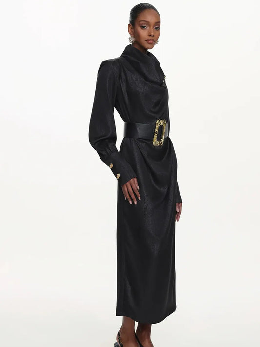 Azariah Cowl Neck Long Sleeve Belted Maxi Dress