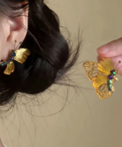 Chinese Style Gold Alloy Butterfly Beading Stud Earrings