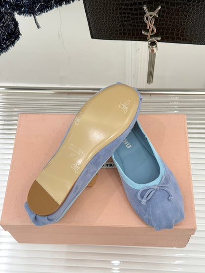 Miu Classic Bow Letter Ballet Flat French Sky Blue Suede