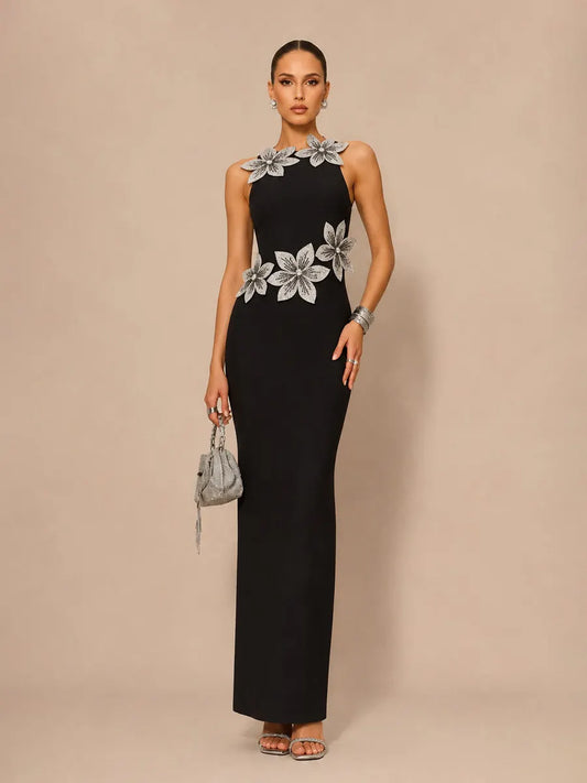 Kaia Elegant Contour Floral Bandage Maxi Dress