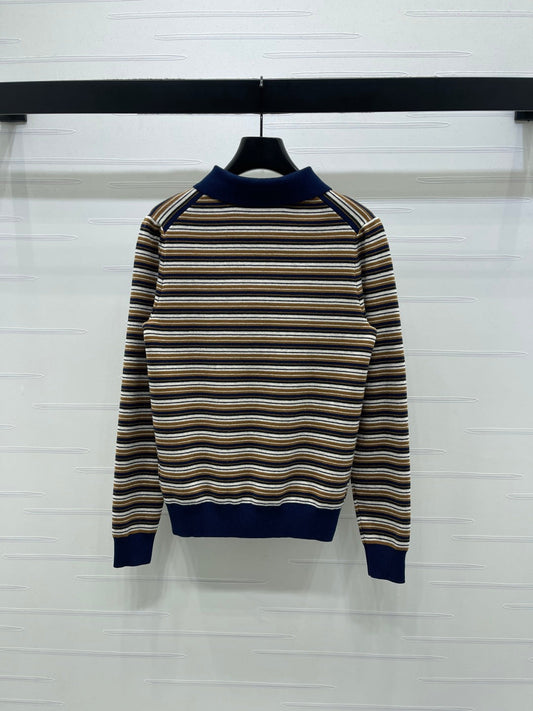 Miu Miu Striped Logo Polo Shirt beige and brown virgin wool 340970