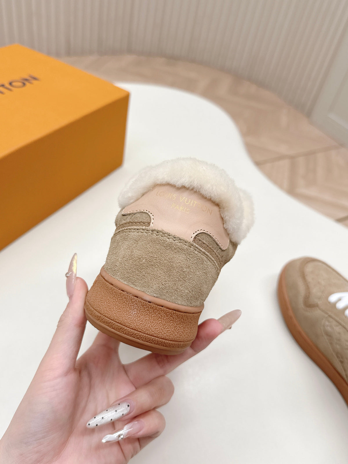 LV Stadium Sneaker White Brown Suede Wool 595425