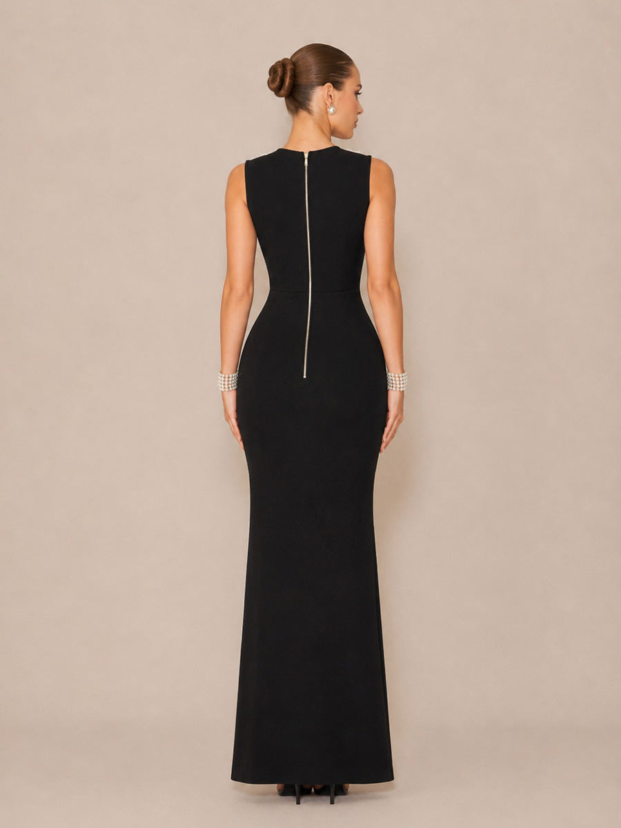 Ashlyn Elegant Deep-V Maxi Dress with Pearl Chain Detail