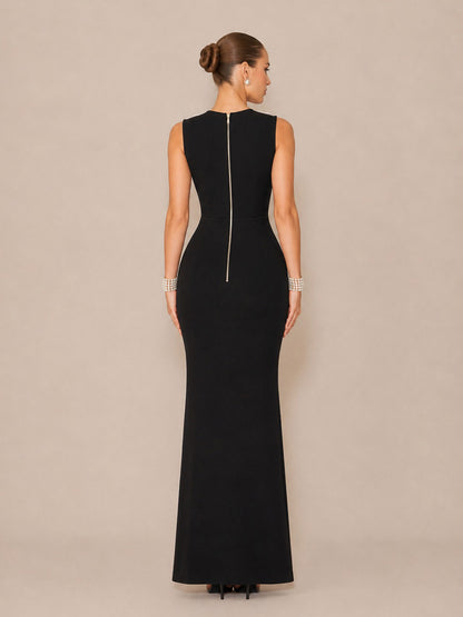 Ashlyn Elegant Deep-V Maxi Dress with Pearl Chain Detail