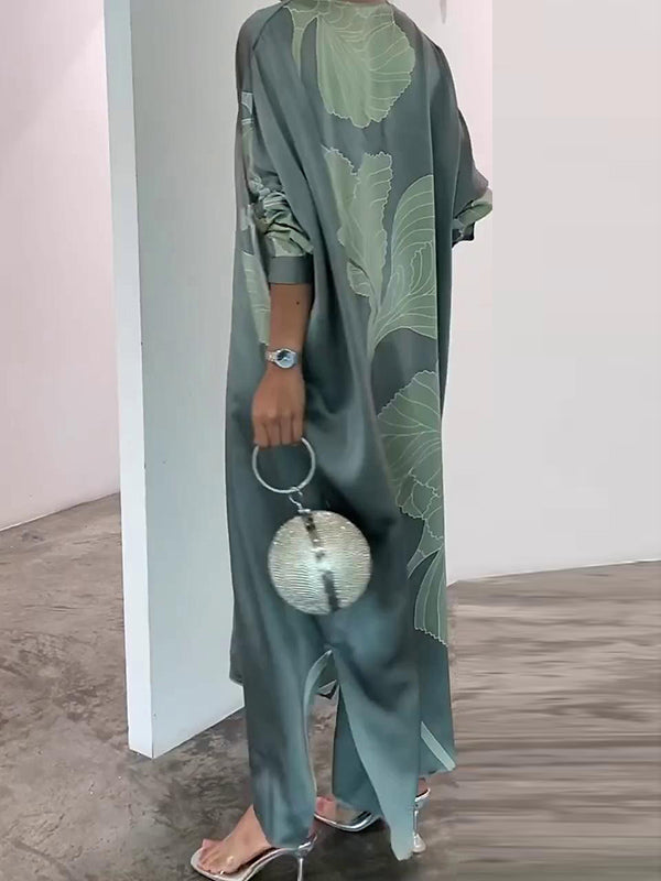 Long Sleeves Loose Buttoned Contrast Color Flower Print Leaves Print Muslim Split-Side V-Neck Evening Dresses Maxi Dresses Muslim Abaya