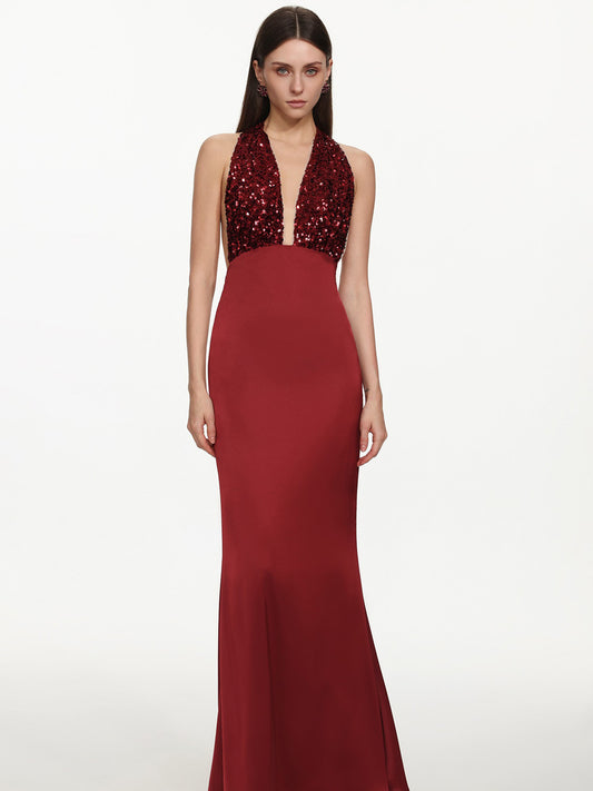 Giana Romantic Contour Deep V Halter Sequin Maxi Dress