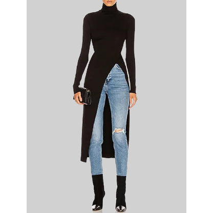 Skinny Solid Color Split-Side High-Neck T-Shirts Tops
