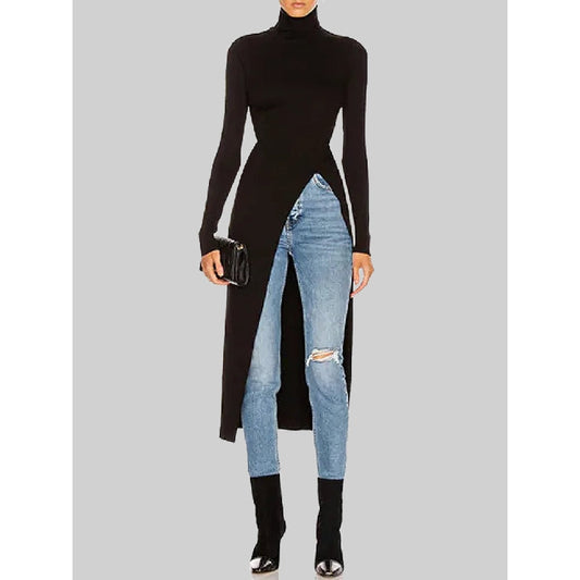 Skinny Solid Color Split-Side High-Neck T-Shirts Tops
