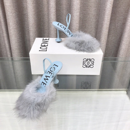 Loewe 25SS Fur-lined Mule 100 Blue in Fox Fur 597444