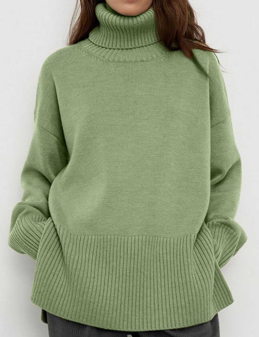 Fall Solid Color Turtleneck Side Slit Sweater