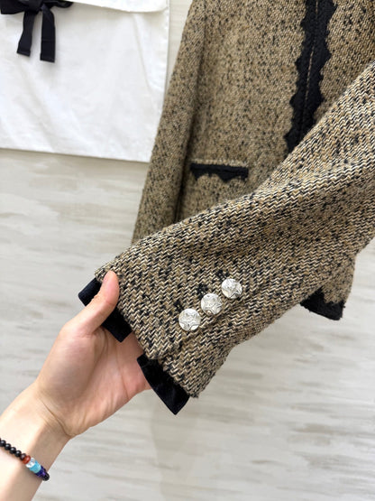 CC 26s Coat 3D Floral Embellished Beige Wool Blend Tweed