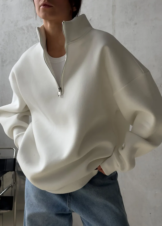 Oversized Cotton Blend Fleece Pullover With Tall Collar