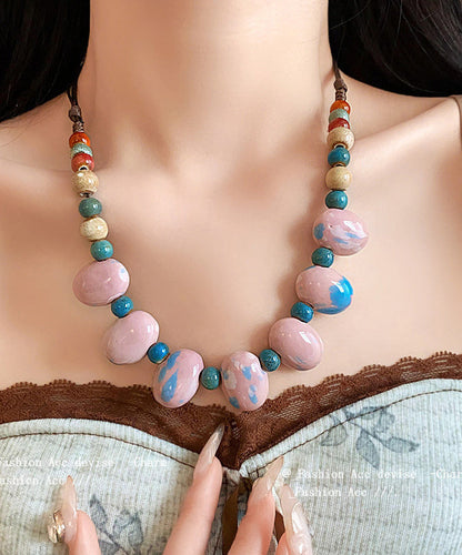 Art Pink Handmade Weaving Beading Ceramic Gratuated Bead Necklace
