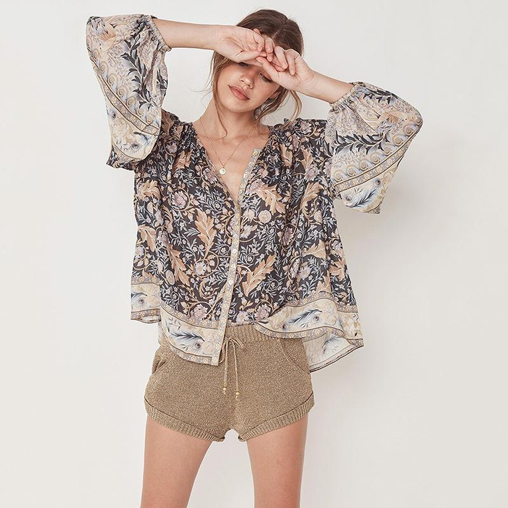 Loose Printed Blouse Bohemian Long Sleeve V-Neck Blouse